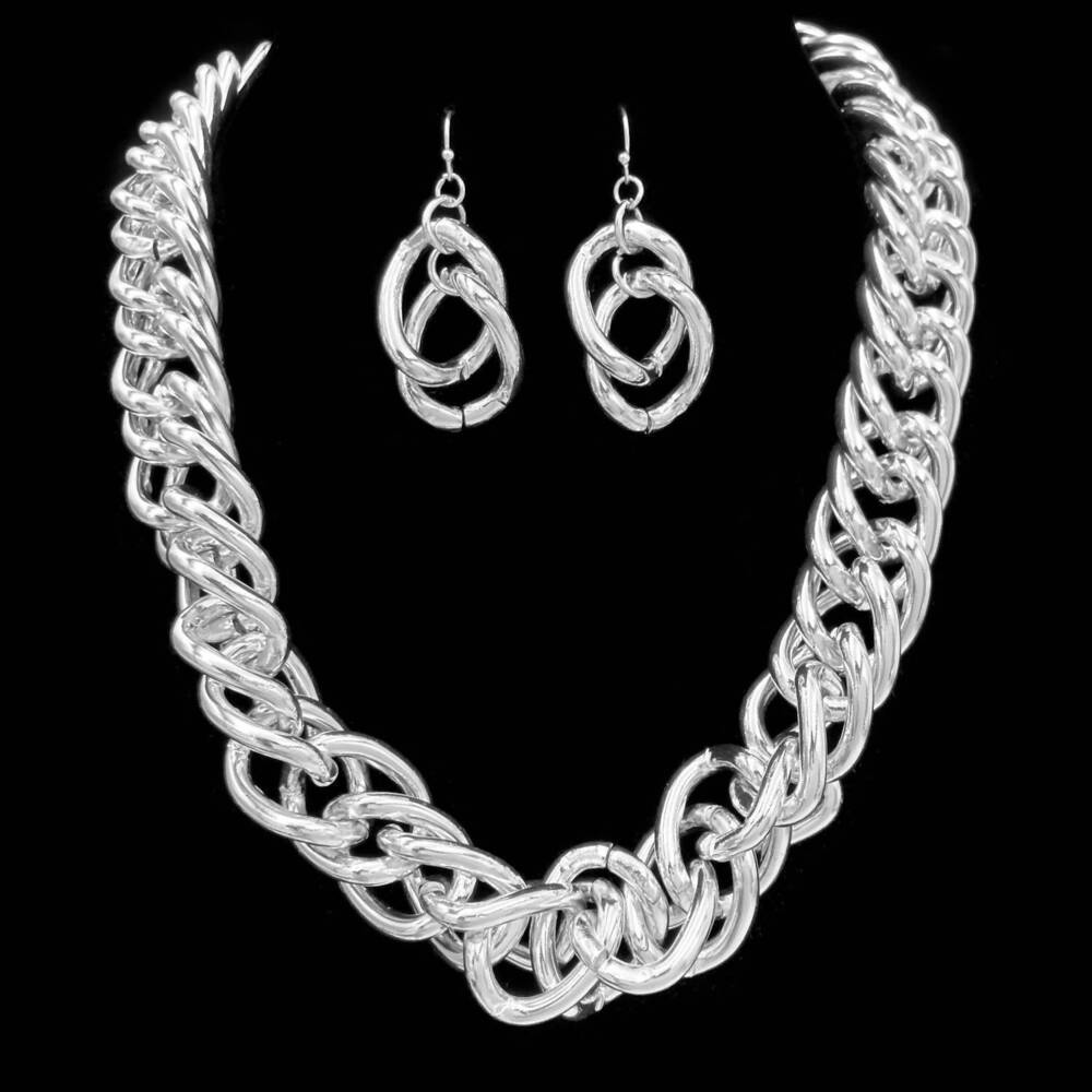 NEW LUNAR chunky metal chain collar necklace & earrings set in silver